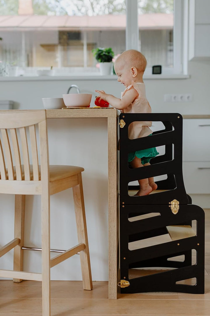 Weco Kinder-Lernturm 3 in 1 Streifendesign mit Rutsche Schreibtisch Rutsche Montessori Möbel Küchenh
