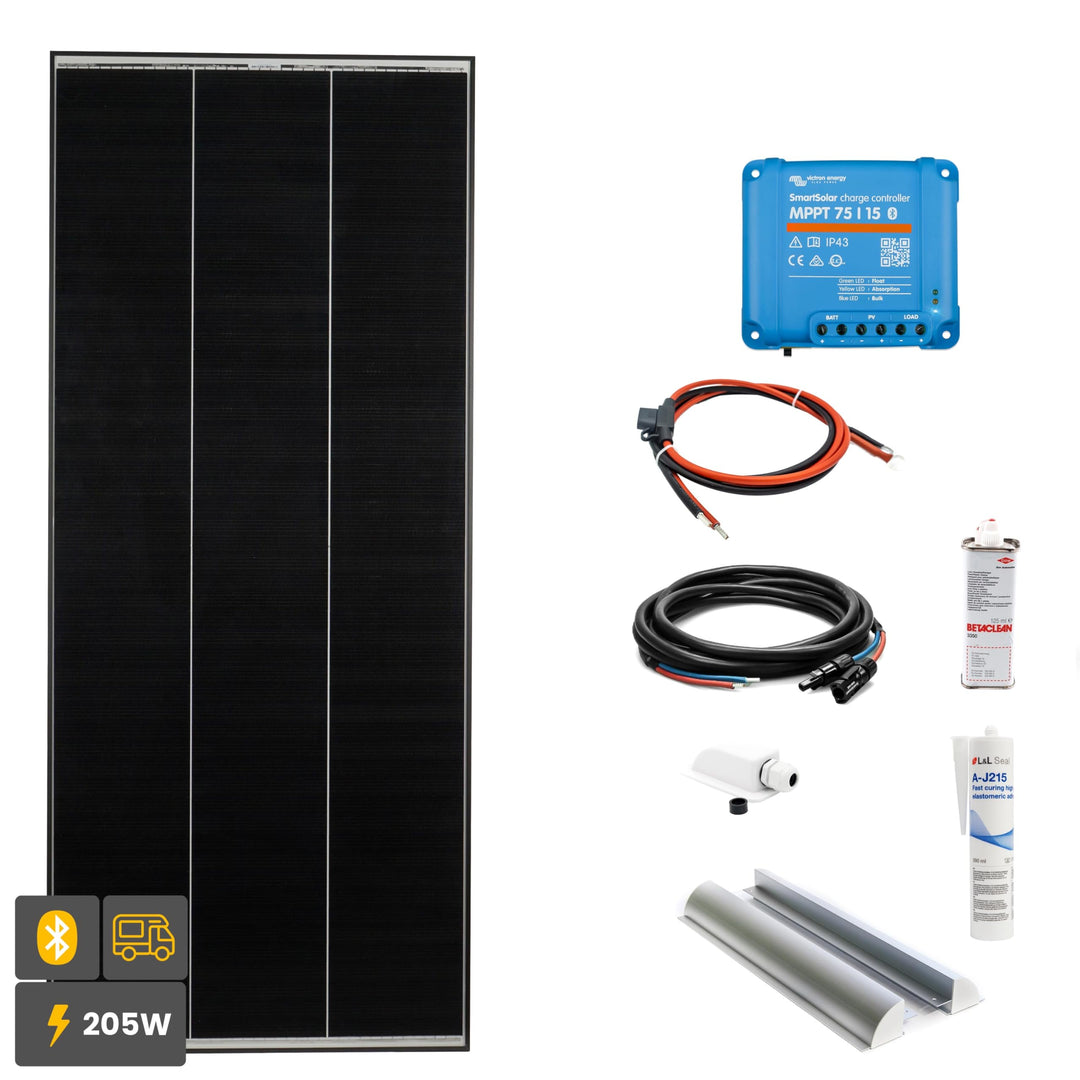 SOLA Frame Black Wohnmobil Komplettset mit Haltespoiler und Laderegler 205 W weiss Weiss 205 W, Weis