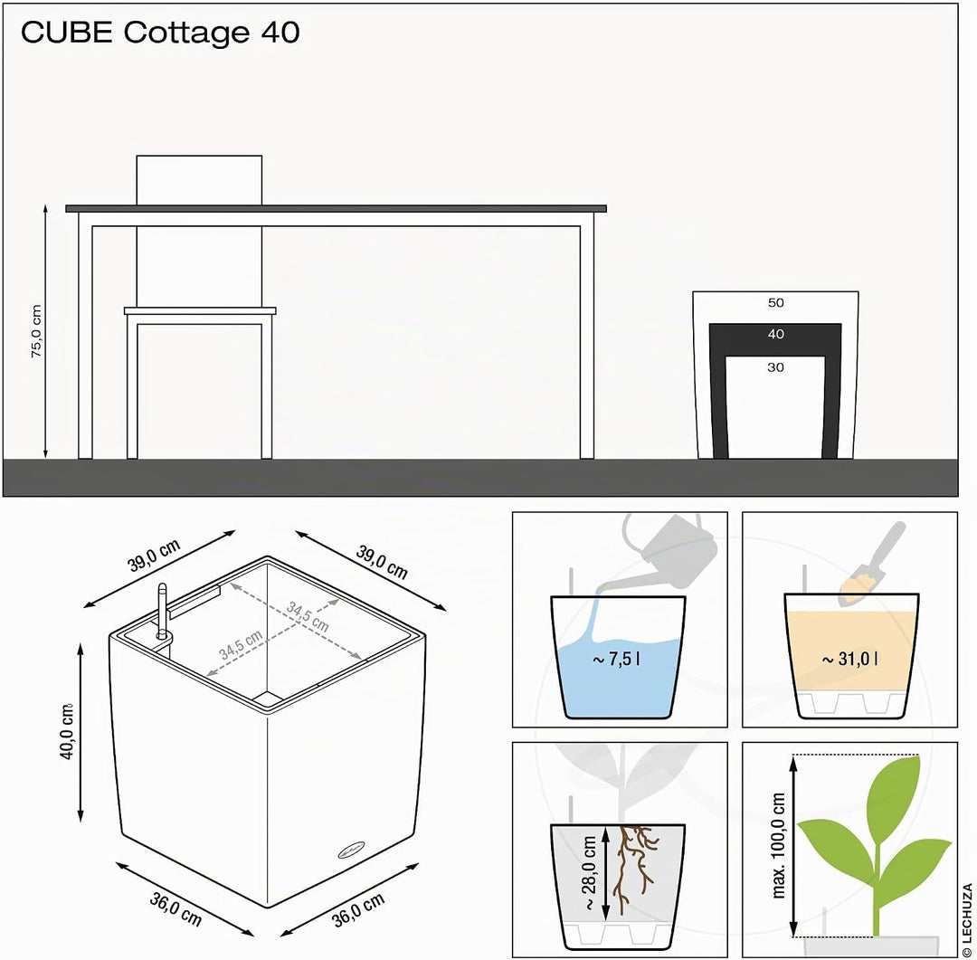 Lechuza Cube Cottage 40 Komplettset lichtgrau Pflanzgefäss mit Erd-Bewässerungs-System 39 x 39 x 40