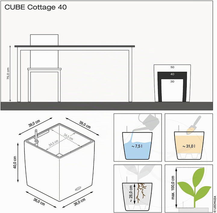 Lechuza Cube Cottage 40 Komplettset lichtgrau Pflanzgefäss mit Erd-Bewässerungs-System 39 x 39 x 40