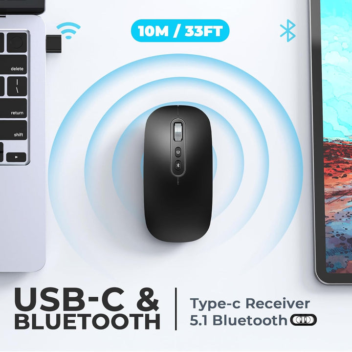 PINKCAT Maus Kabellose USB C, Wiederaufladbare Dual-Modus Mouse(Bluetooth5.1+USB C), Leise Bluetooth