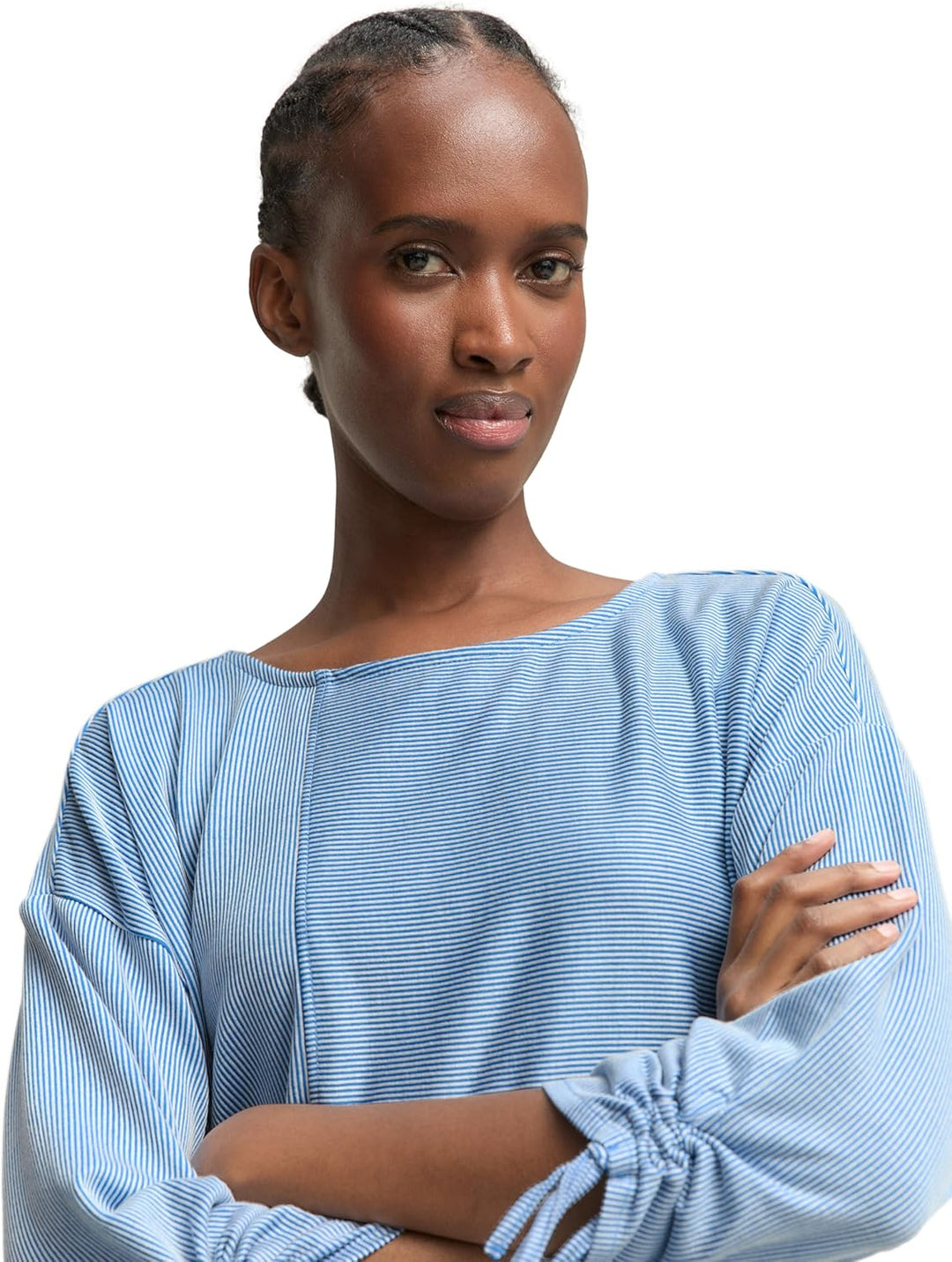TOM TAILOR Denim Damen Loose Fit Longsleeve mit Streifen & Raffarm XS 31347 - Small Mid Blue White S