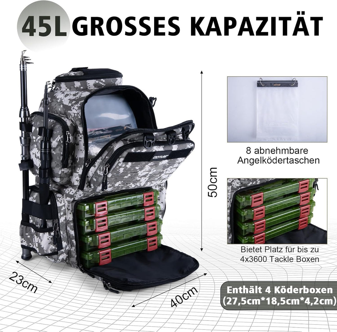 Goture Angelrucksack mit 4 Köderbox Angeln, 45-Liter Angelzubehör-Rucksack mit Zwei Rutenhaltern und