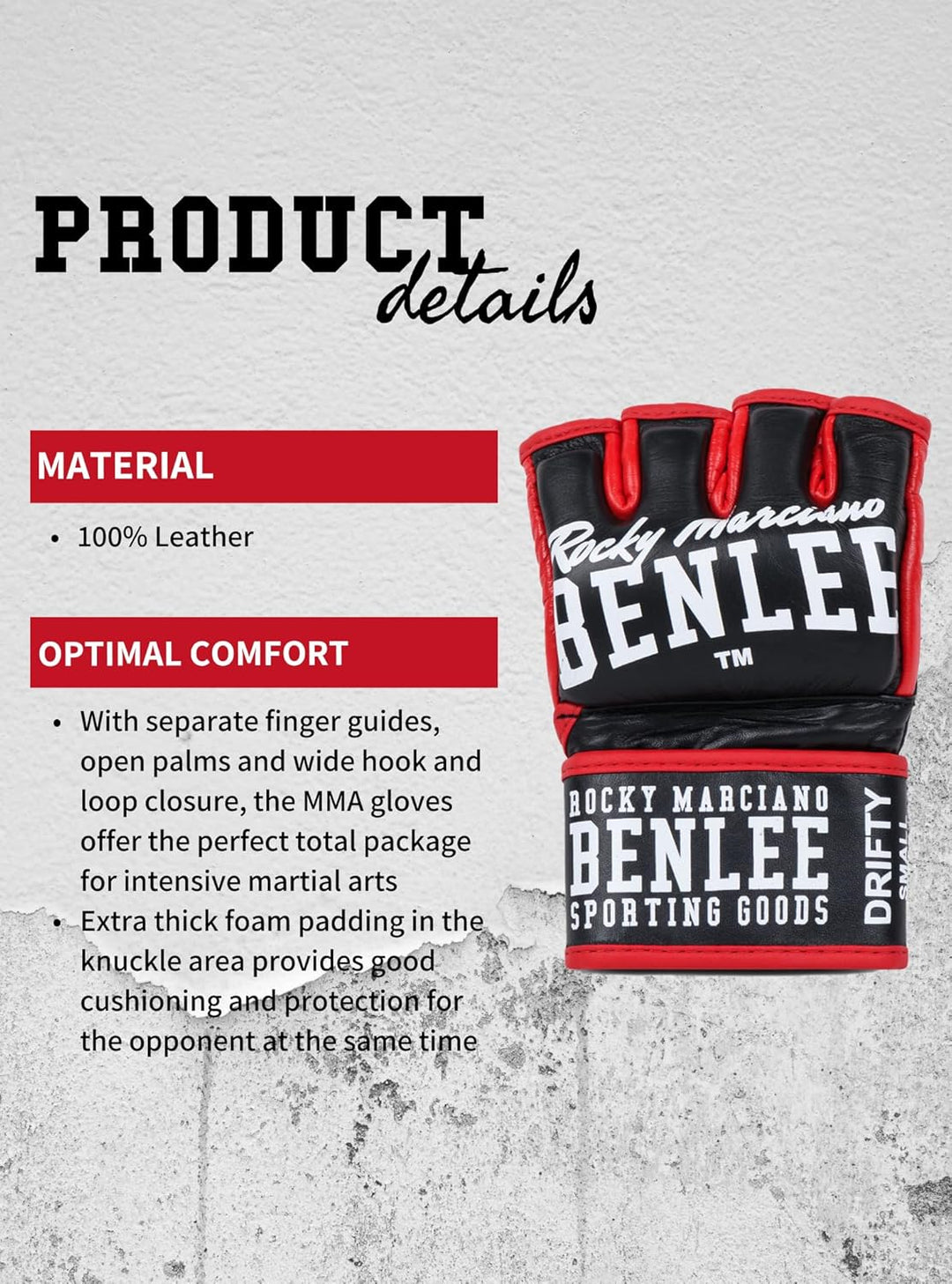 BENLEE MMA-Trainingshandschuhe aus Leder (1 Paar) DRIFTY L Schwarz, L Schwarz
