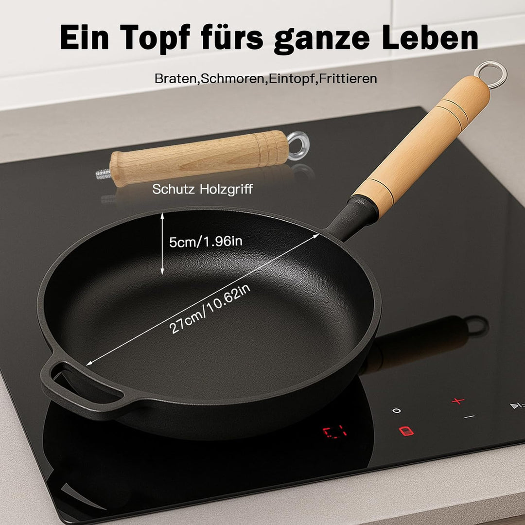 Gusseisenpfanne mit Holzgriff abnehmbar, pfanne gusseisen ohne Beschichtung, Gusspfanne für alle Her