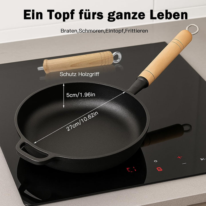 Gusseisenpfanne mit Holzgriff abnehmbar, pfanne gusseisen ohne Beschichtung, Gusspfanne für alle Her
