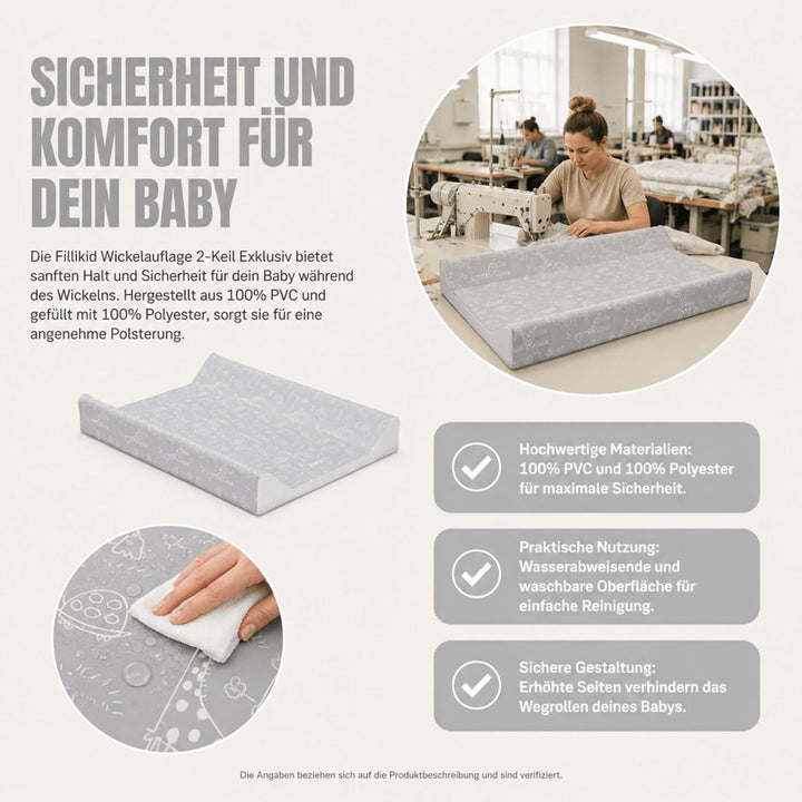 Fillikid Wickelauflage 2-Keil Exklusiv/Wickelmulde 50x65 cm/Wickelunterlage mit abwaschbarer Folienb