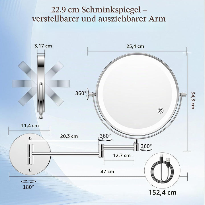 Famihomii 5000mAh Wiederaufladbar Kosmetikspiegel mit LED Beleuchtetung, 9 Zoll beidseitig 1X/30X Ve