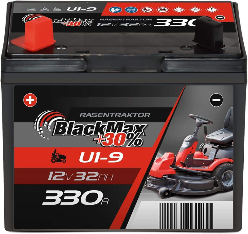 BlackMax Rasentraktor Batterie 12V 32Ah 330A (Pluspol Links) - U1-9 +30% Starterbatterie (12 Volt) f