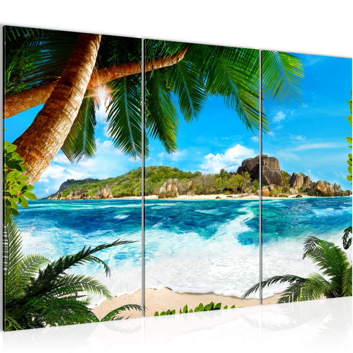 Runa Art Wandbilder Karibik Insel Bild XXL Wohnzimmer Schlafzimmer Blau Palme Meer 120 x 80 cm 3 Tei