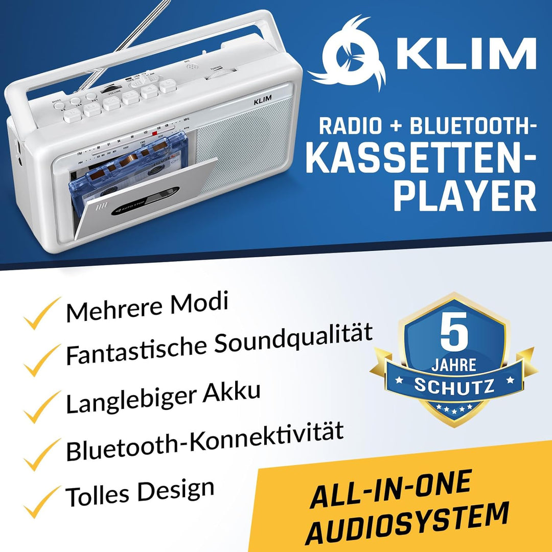 KLIM Tragbare Kassettenspieler Boombox, AM/FM Radio, Bluetooth Radio, Cassette Player & Kassettenrec