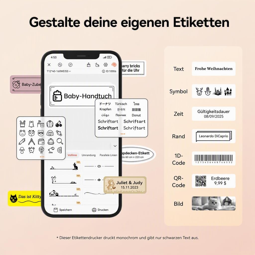 NIIMBOT D11 Etikettendrucker Tragbarer Aufkleberdrucker, Wireless-Technologie und 1 Rolle Starter-Et
