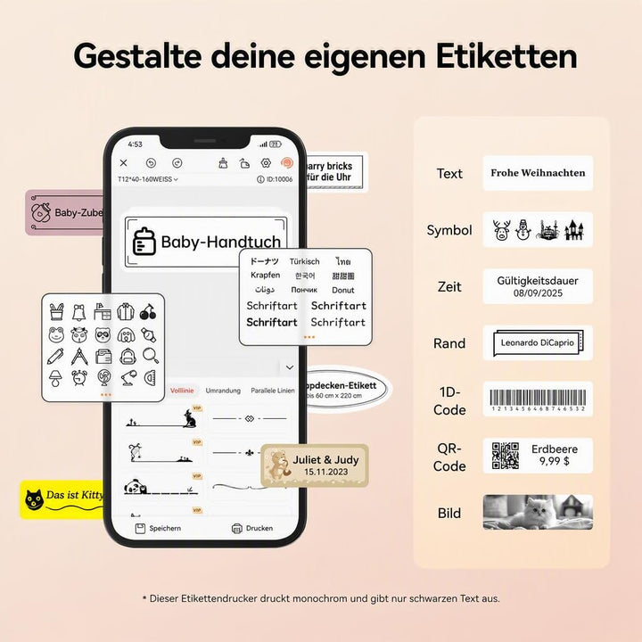 NIIMBOT D11 Etikettendrucker Tragbarer Aufkleberdrucker, Wireless-Technologie und 1 Rolle Starter-Et