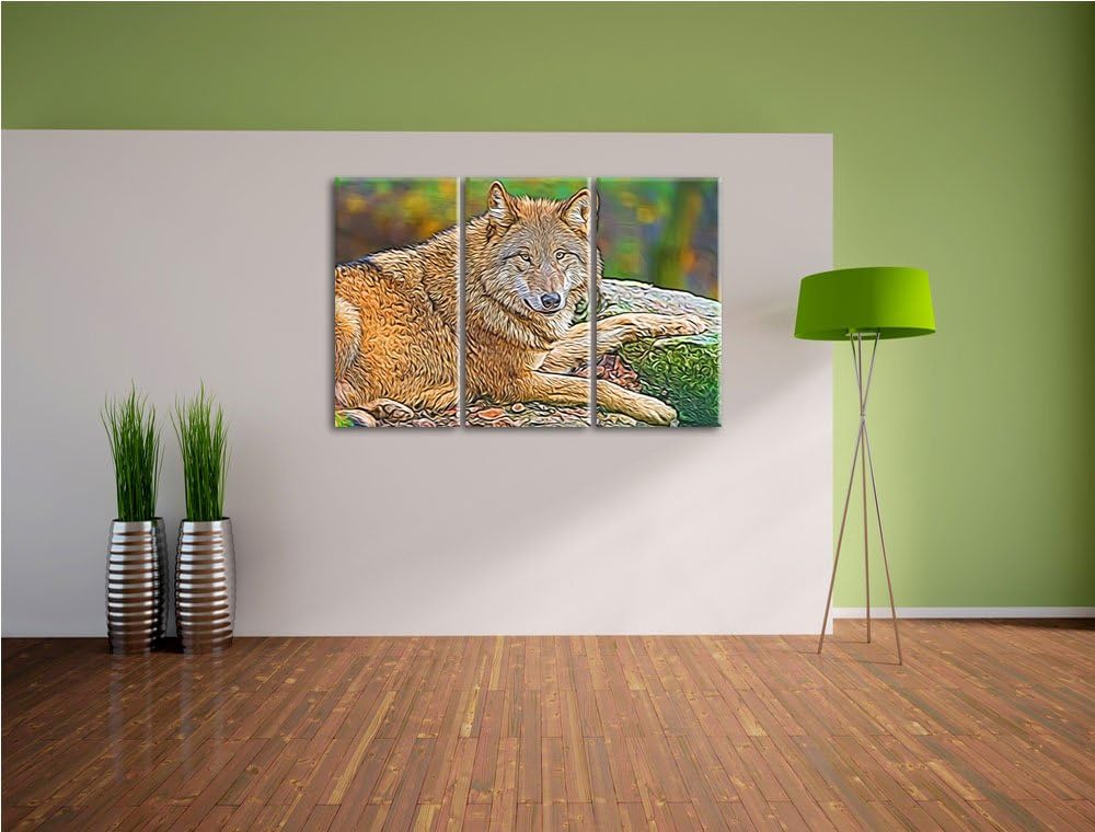 stolzer Wolf auf Stein Spezial 3-Teiler Leinwandbild 120x80 Bild auf Leinwand, XXL riesige Bilder fe