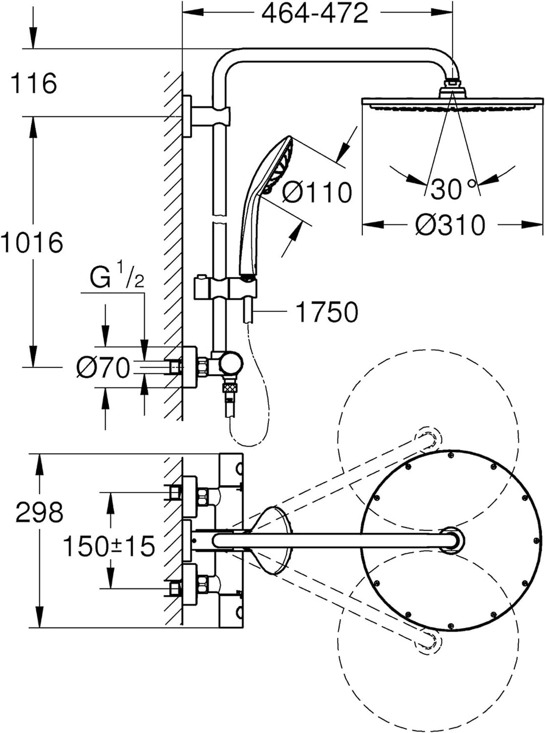 GROHE Euphoria 310 - Duschsystem inkl. Thermostatbatterie (Wandmontage, langlebige Oberfläche, Antik