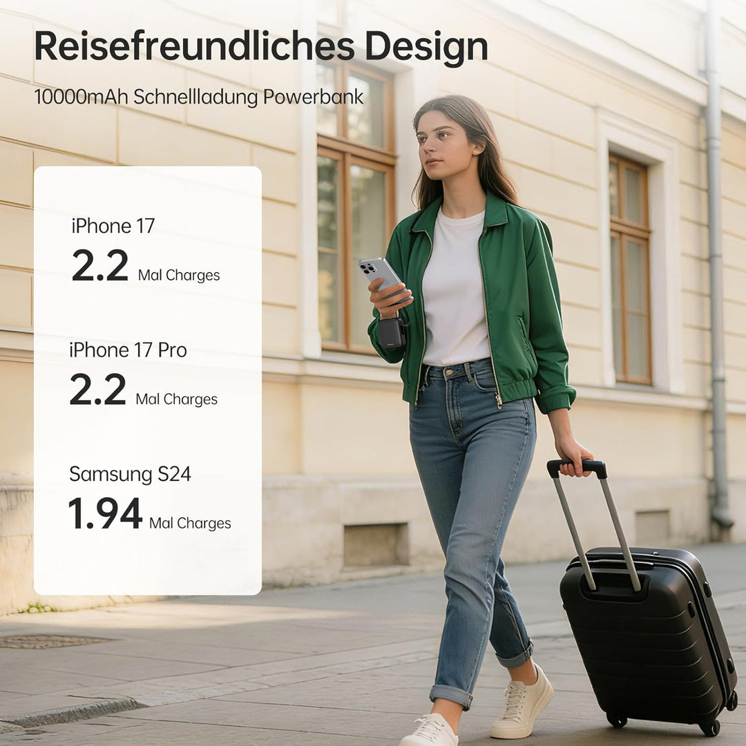 Hichain Power Bank Klein, 10000mAh 22,5W Powerbank USB C Schnellladen mit Integriertem USB-C Kabel,