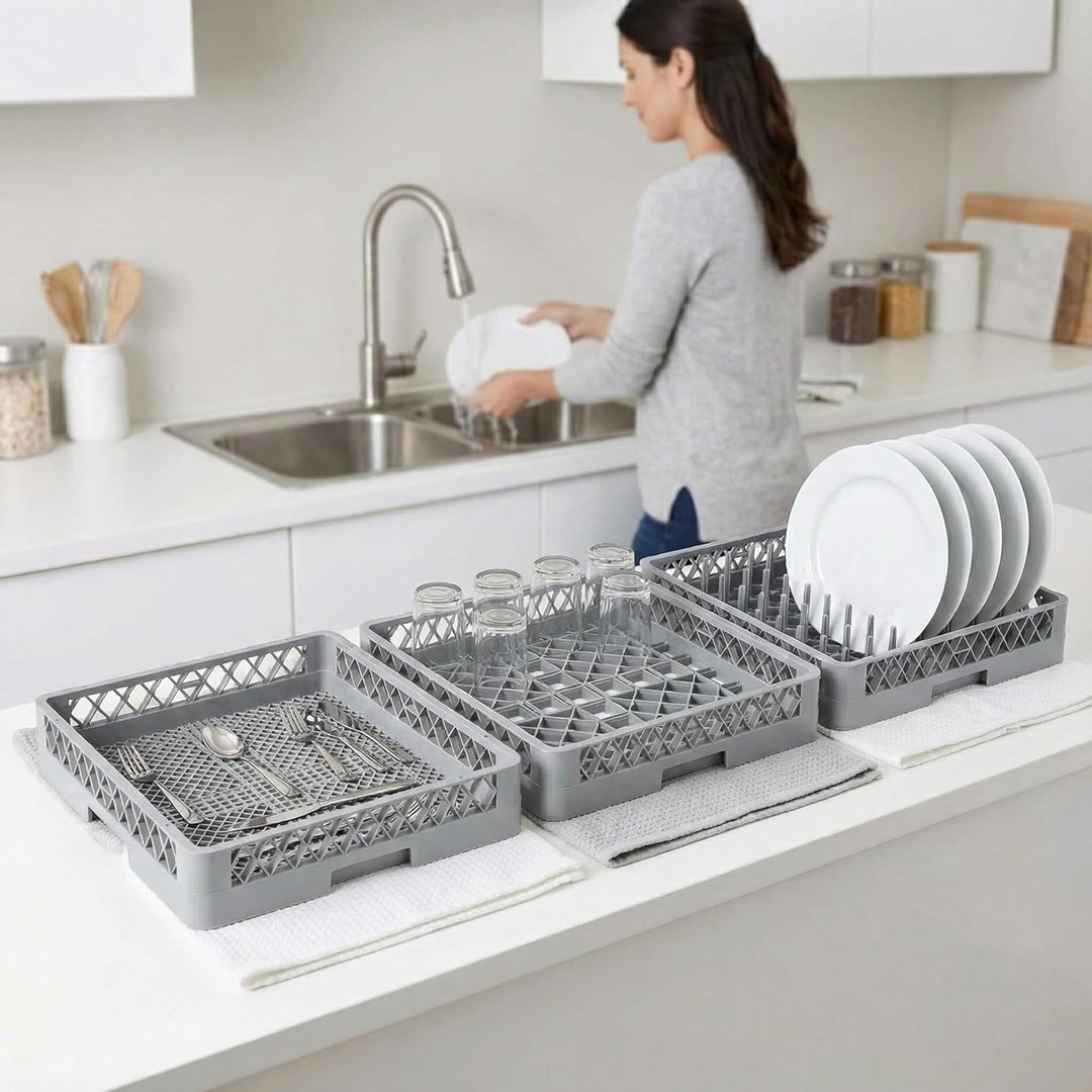 2+1 Set Spülkorb 50x50 für Gastro Spülmaschine – 2x Tellerspülkorb + 1x Besteckspülkorb (Durchfallsc