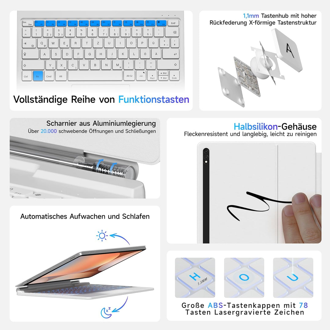 HOU Tastatur hülle für Samsung Galaxy Tab S10+/S9 FE+/S9+/S8+/S7 FE/S7+ (12,4 Zoll) mit Magnetstände