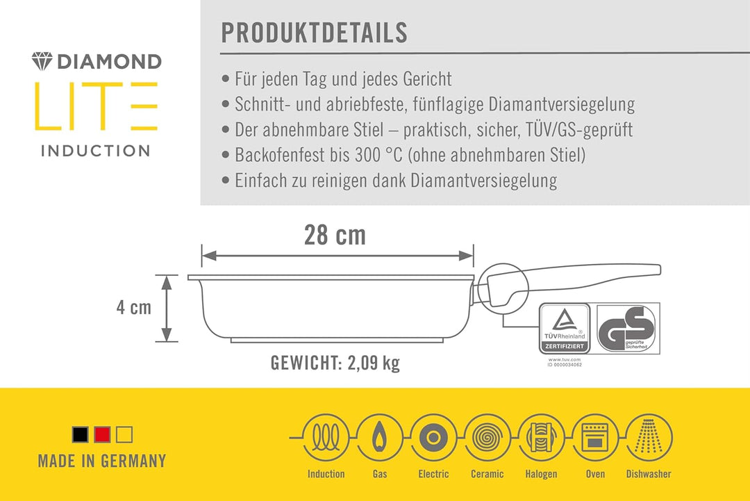 Woll Diamond Lite Grillpfanne, viereckig, mit Rillen, 28x28 cm, 4 cm hoch, mit abnehmbarem Stiel - G