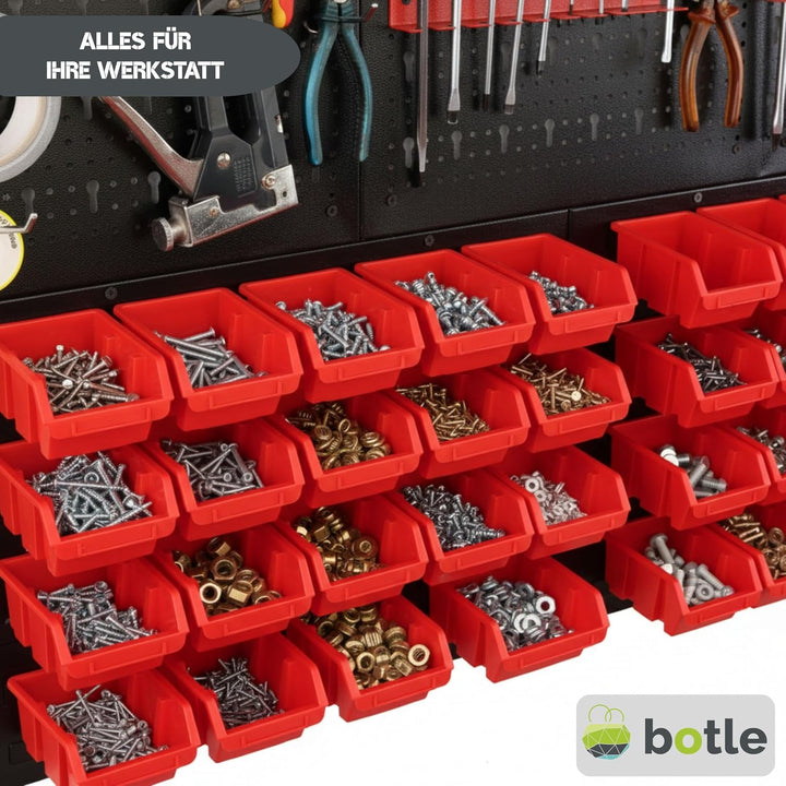 botle® Werkzeugwand Lochwand aus Metall, Stapelboxen + Wandregal + Werkzeughalter 51-tlg Set, Kleint