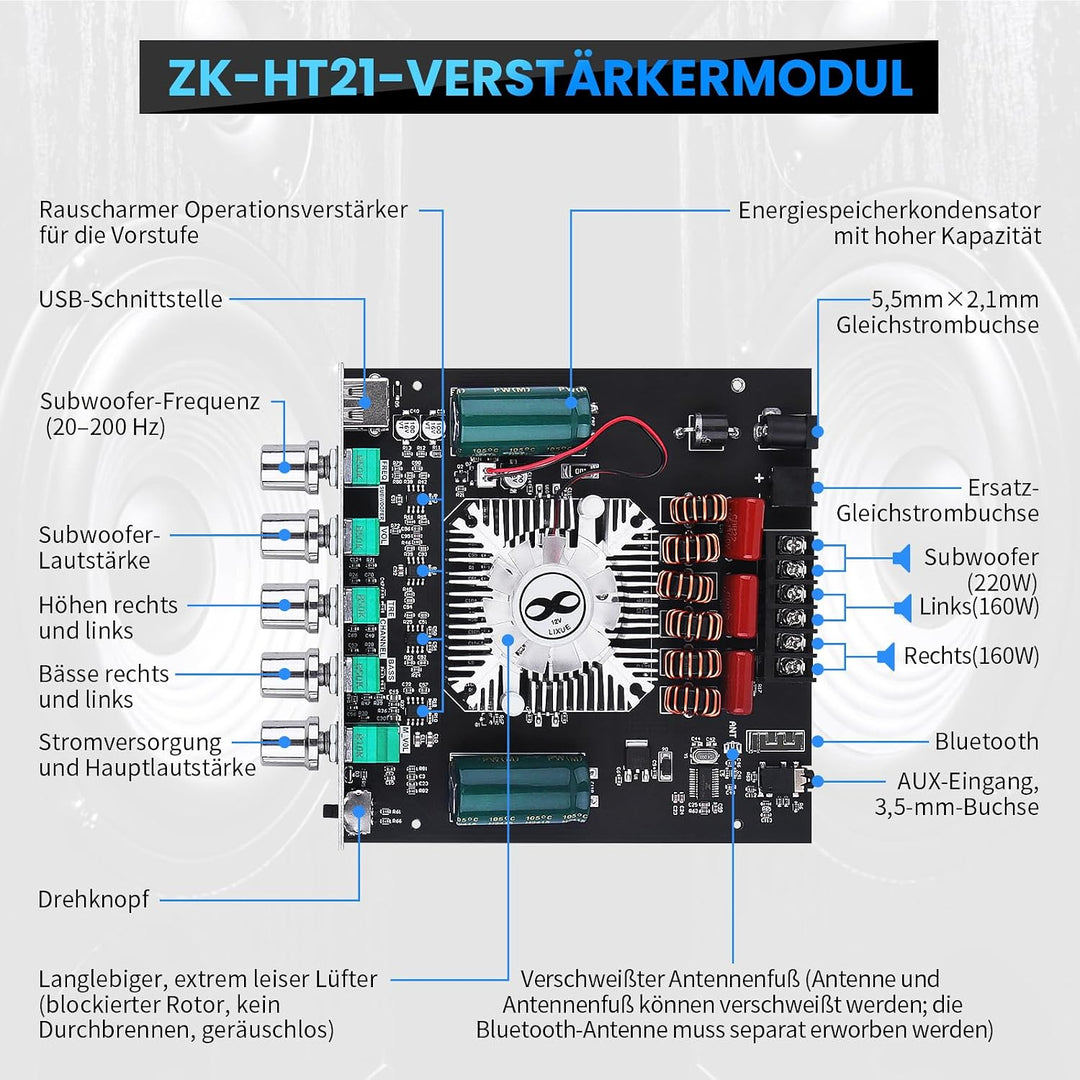 HiFi-Verstärker mit Bluetooth, ZK-HT21 2.1 Kanal 160W x 2+220W Subwoofer Stereo-Mini-Audio-Leistungs