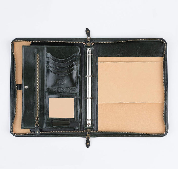 Dokumentenmappe aus italienischem Leder, mit Reissverschluss, A4, Padfolio mit 4 Ringen, Leder mit G