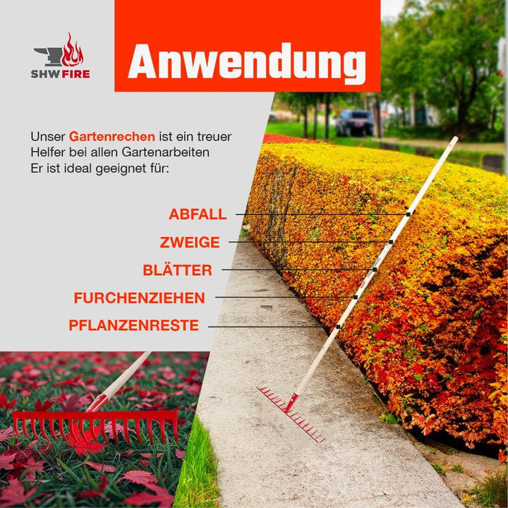 16-Zinken Gartenrechen mit 42 cm Rechenbreite – robuster Stahlrechen mit 150 cm Espenholzstiel, idea