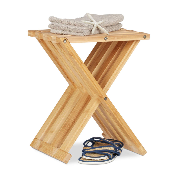 Relaxdays Klapphocker Bambus, natürliche Optik, niedrig, platzsparend faltbar, Hocker für Kinder, HB