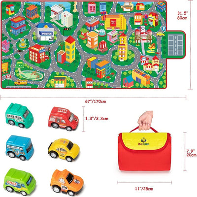 beetoy Spielteppich Kinderzimmer 80x150cm, Autospielmatte mit 6 Autos, Grosse Bahnmatte Reisespielze