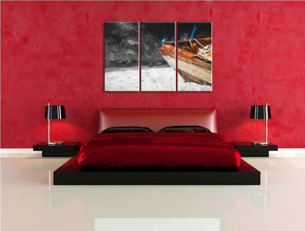 beeindruckendes Boot am Strand schwarz/weiss Deluxe 3-Teiler Leinwandbild 120x80 Bild auf Leinwand,