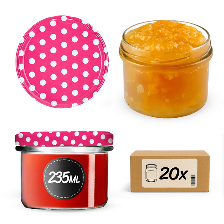 KADAX 20er Set Marmeladengläser 235ml TO82 Rosa gepunktet, Einmachgläser Vorratsgläser Mason Jar mit