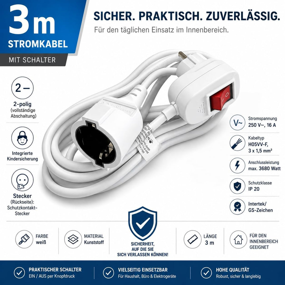 HEITECH Verlängerungskabel mit Schalter 3m 2-polig Kabelverlängerung weiss Schutzkontakt-Stecker IP2