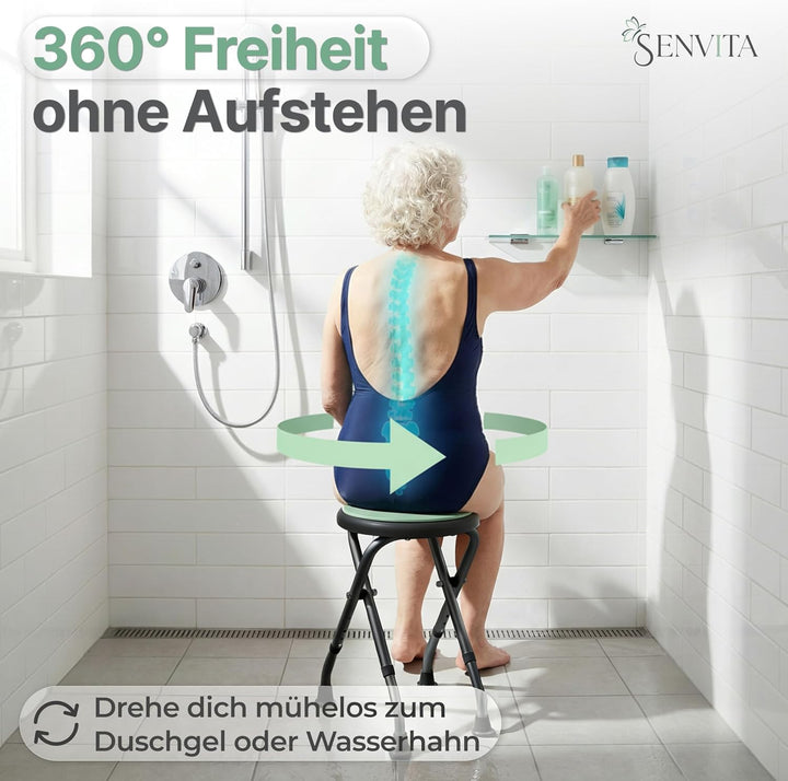 Duschhocker Klappbar, 360° Drehbar &amp; 160kg Belastbar | Duschstuhl für Senioren | Höhenverstellbare,