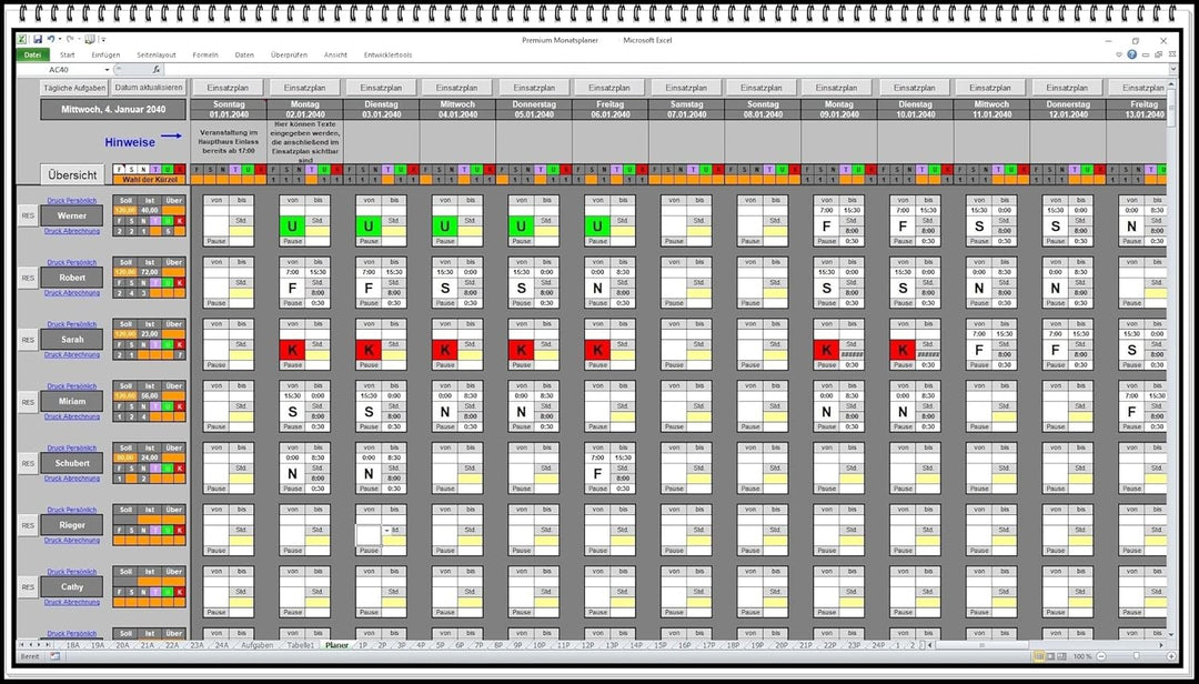 Elektronischer digitaler Dienstplaner Monatsplan Schichtplaner Einsatzplan Excel Software mit persön
