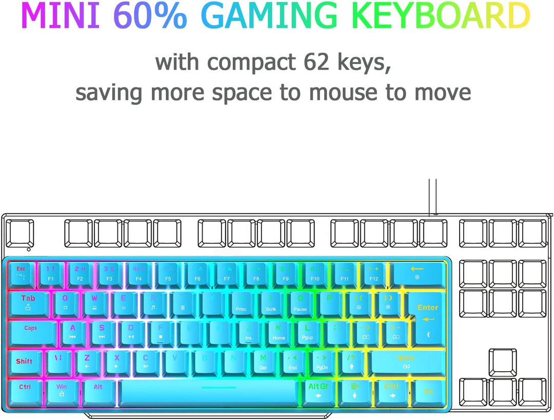 Mini 60% RGB Gaming-Tastatur,Mechanischer Blaue Schalter mit Kompakten 62 Tasten,18 RGB LED-Chroma-H