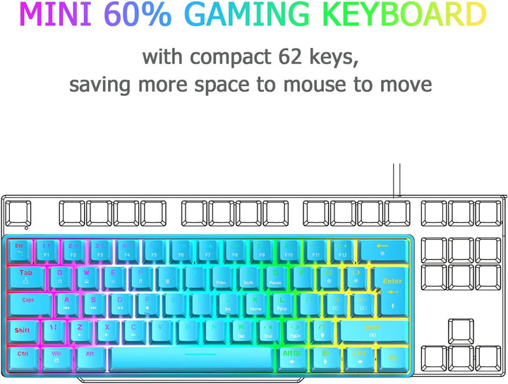 Mini 60% RGB Gaming-Tastatur,Mechanischer Blaue Schalter mit Kompakten 62 Tasten,18 RGB LED-Chroma-H