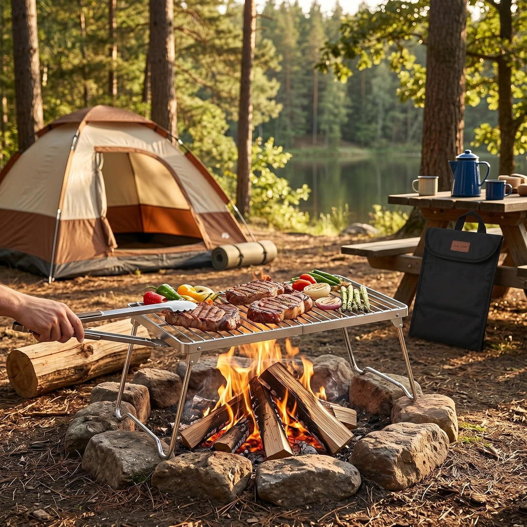 Klappbarer Lagerfeuergrill für BBQ, Picknick, Camping, Tragbarer Campinggrill, Edelstahl-Grill, Holz