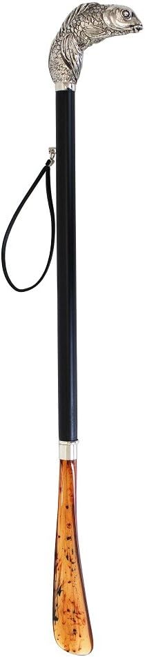DELFA Design Schuhanzieher Schuhlöffel 70 cm mit silbernem Koi als Griff - schwarzer Holzschaft mit