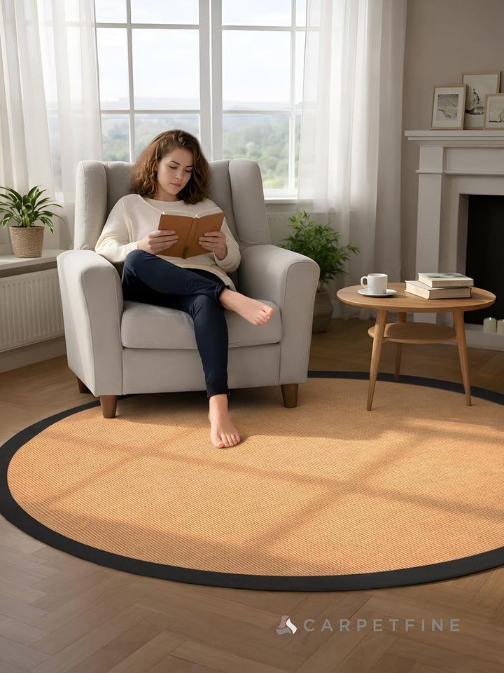carpetfine Sisalteppich Rund Schwarz Ø 80 | Moderner Teppich für Wohn- und Schlafzimmer Ø 80 cm Schw