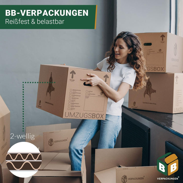 BB-Verpackungen 15 x Umzugskarton aus recycelter Pappe, sehr stabil mit doppeltem Boden (belastbar b