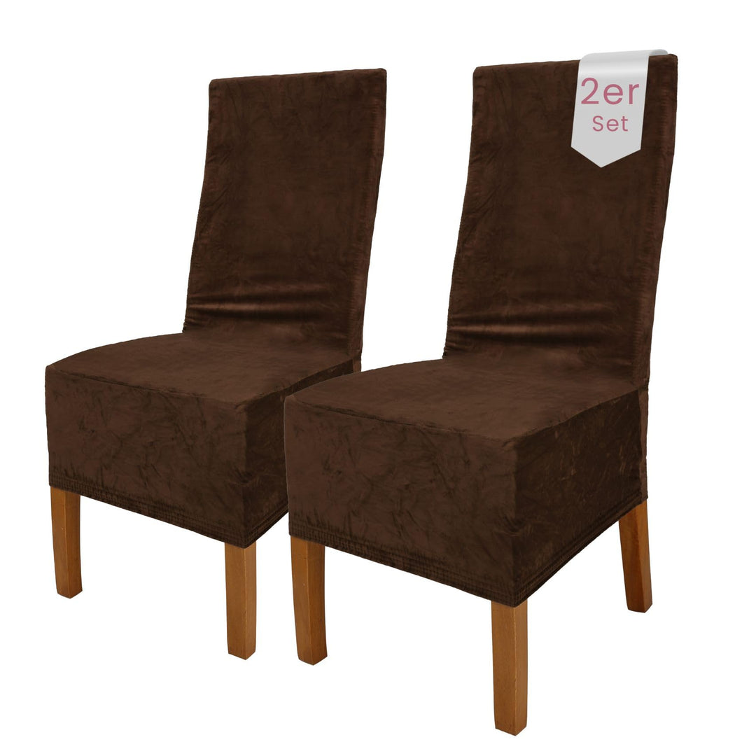SCHEFFLER-Home Stretch Stuhlhussen Samt Puma Velvet/Velours Stuhlhussen Braun 2er Set/Stuhlabdeckung