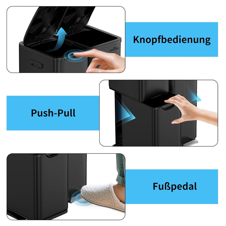 mVm Mülleimer Küche,60 Liter Treteimer,3 Fächer, Mülltrennsystem, Abfalleimer Küche mit Inneneimer a