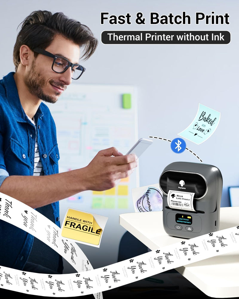 Phomemo M110 Etikettendrucker Selbstklebend mit 3 Etikettenrollen - Etikettiergerät Bluetooth Thermo