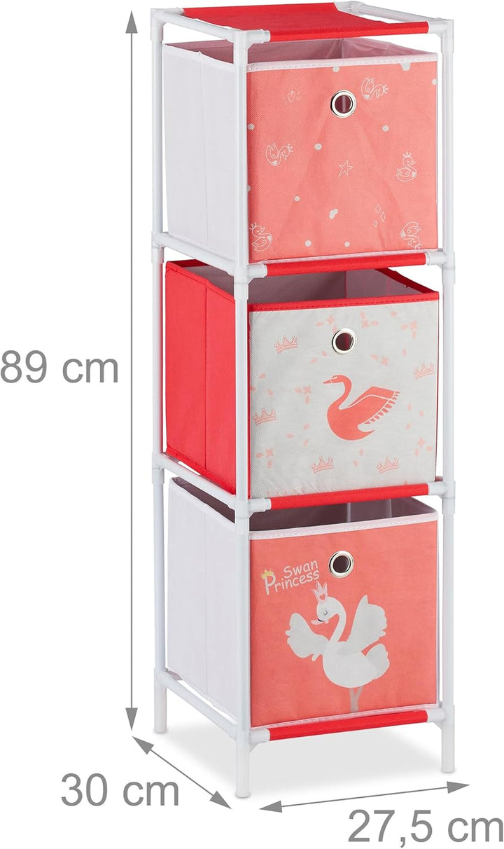 Relaxdays Kinderregal mit 3 Boxen, Spielzeug, Mädchen, Schwan-Design, Regal Kinderzimmer, HBT 89 x 2