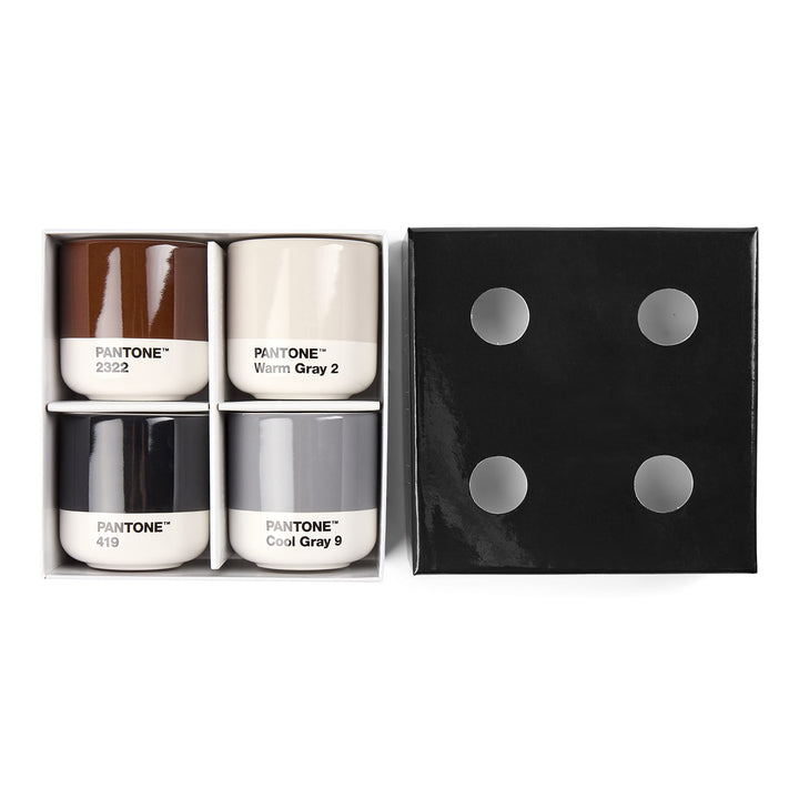 PANTONE Porzellan Macchiato Thermobecher, 4er-Set: Warm Gray 2 , Cool Gray 9, Brown 2322, Black 419