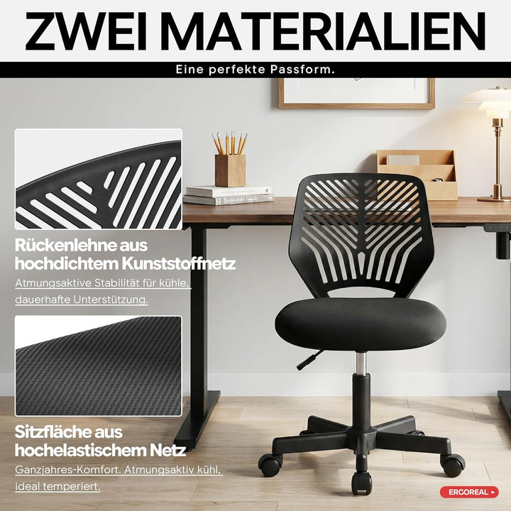Ergonomischer Bürostuhl ohne Armlehne, Bürostuhl mit Rollen & Höhenverstellung, Bürostuhl Cozy mit E