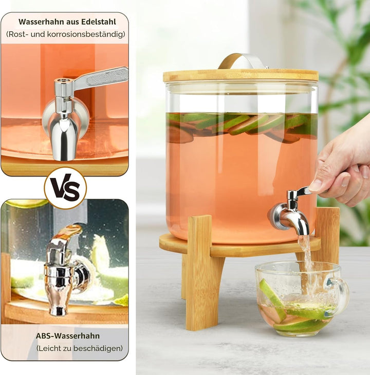 Getränkespender mit Ständer, 10L Getränkespender aus Glas mit rostfreiem Wasserhahn, Getränkespender
