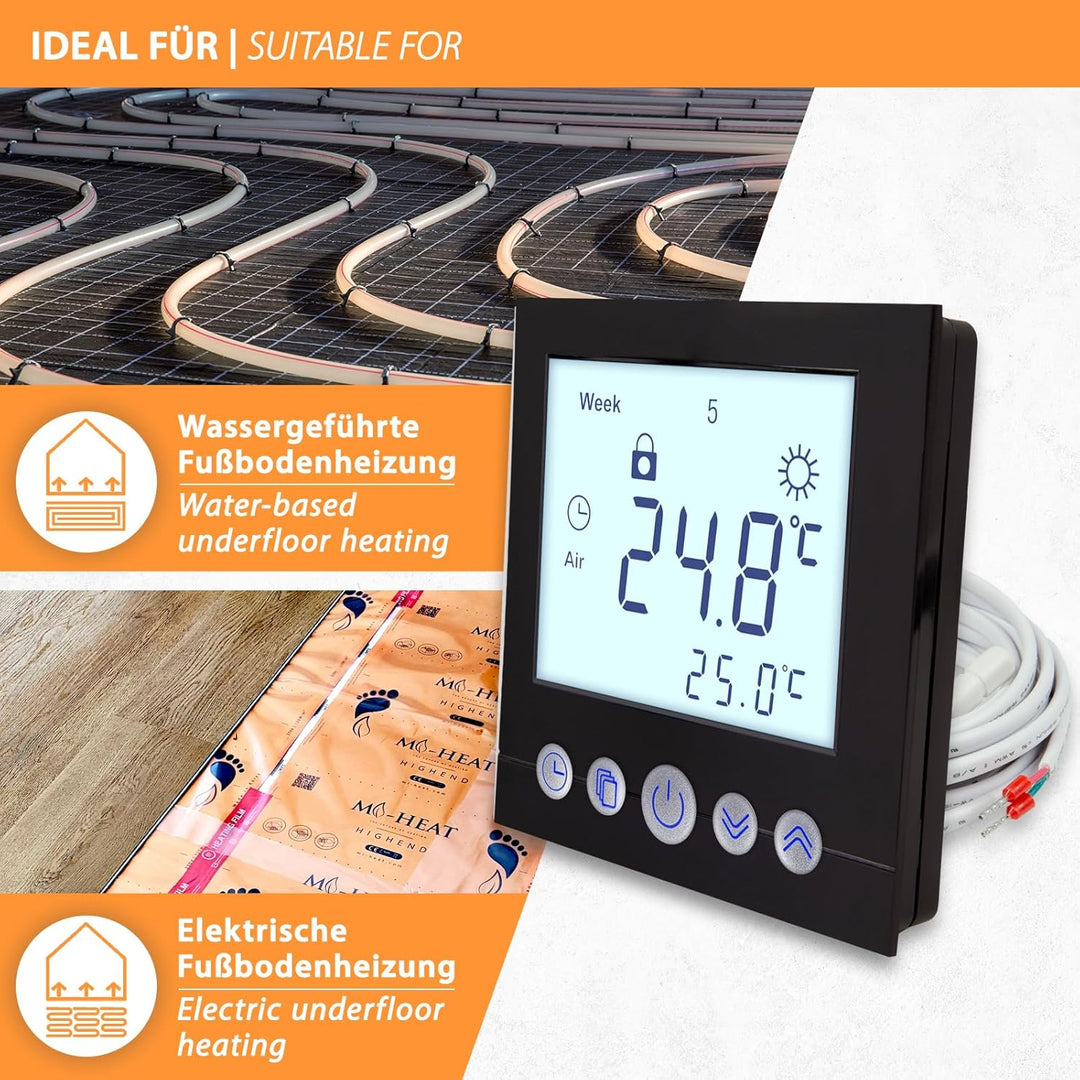 Digitales Unterputzthermostat Thermostat schwarz 8cm Bildschirmdiagonale für Antriebssteuerung elekt