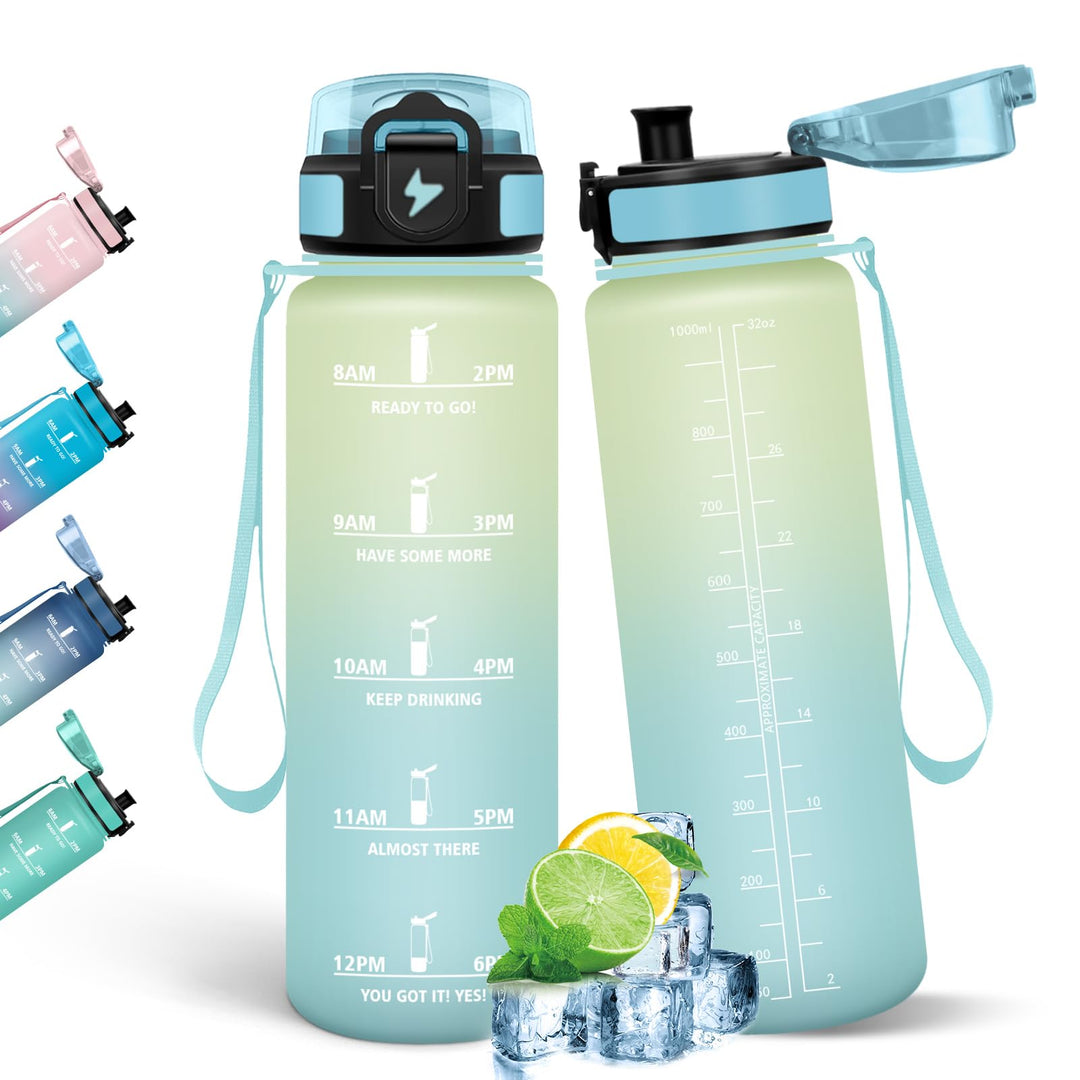 HoneyHolly Trinkflasche 1L, Auslaufsicher mit Zeitmarkierung, Wasserflasche, Sportflasche mit Filter