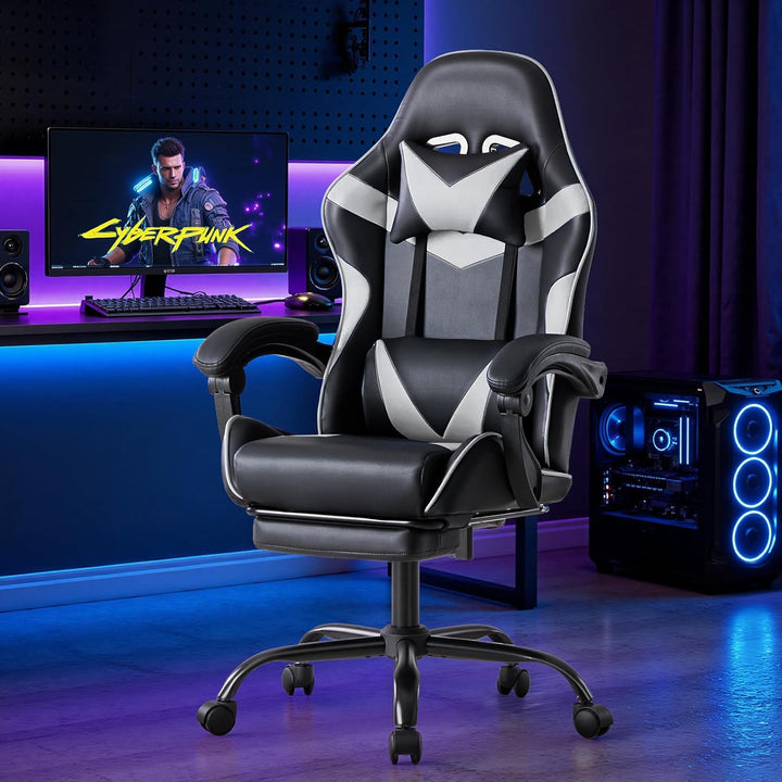 Sweetcrispy Gaming Stuhl, Gaming Chair mit Fussstütze Kopfstütze Lendenwirbelstütze, Ergonomischer P